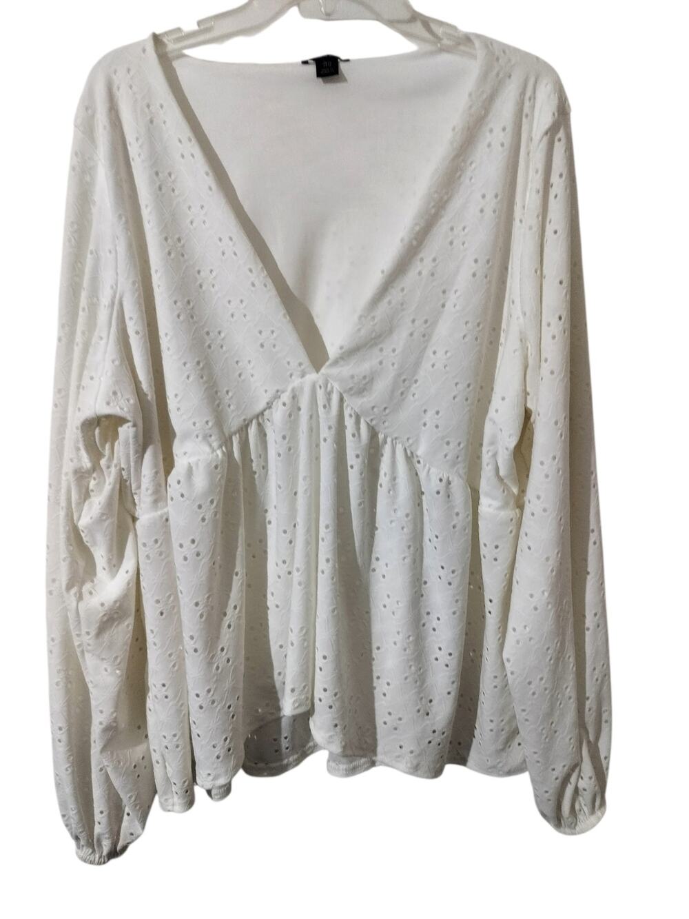 6074)BooHoo White Eyelet Plunging V Neck Babydoll Long Puff Sleeve Top US 18